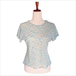 PETIT POIS Sheer Mesh Short-Sleeve Top Ruffle Hem Green Cream Copper Size L